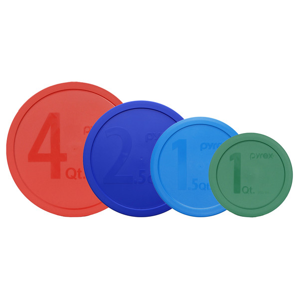 Pyrex 326-PC Red 4qt, 325-PC Cadet Blue 2.5qt, 323-PC Marine Blue 1.5qt, and 322-PC Green 1qt Mixing Bowl Lids