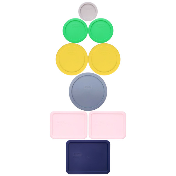 Pyrex (1) 7202-PC 1 Cup Sleek Silver, (2) 7200-PC 2 Cup Bright Green, (2) 7201-PC 4 Cup Yolk Yellow, (1) 7402-PC 6/7 Cup Cerulean Blue, (2) 7210-PC 3 Cup Loring Pink, (1) 7211-PC 6 Cup Blue Lids