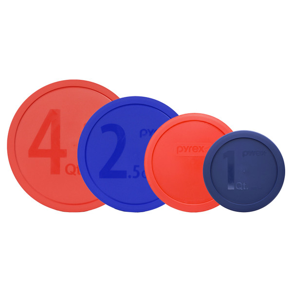 Pyrex 322-PC Blue 1qt, 323-PC Red 1.5qt, 325-PC Cadet Blue 2.5qt, and 326-PC Red 4qt Mixing Bowl Lids