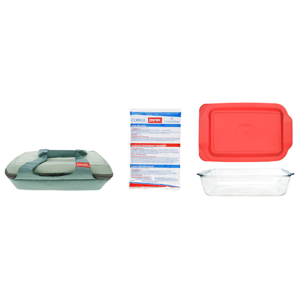 Pyrex 5qt Portables Sage Green Carry Tote with 233-D 5qt Deep Hold-Everything Glass Baking Dish, 233-PC Red Lid, and Large Cold/Hot Pack