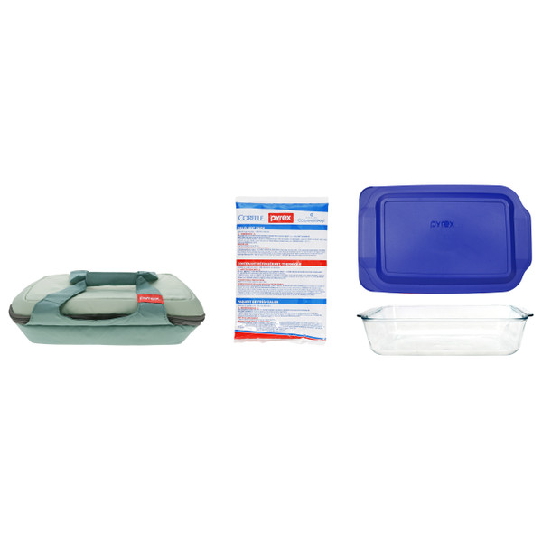 Pyrex 5qt Portables Sage Green Carry Tote with 233-D 5qt Deep Hold-Everything Glass Baking Dish, 233-PC Lagoon Blue Lid, and Large Cold/Hot Pack