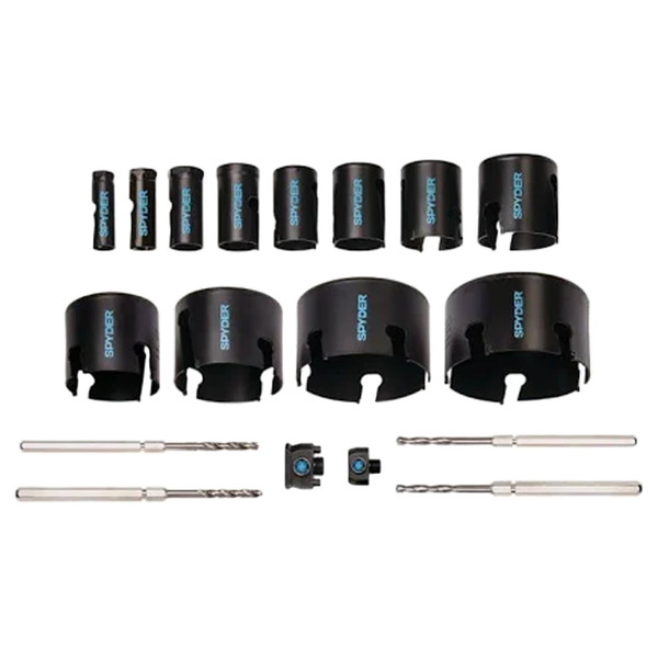 Spyder 600938 18-Piece Tungsten Carbide-Tipped Hole Saw Kit with 12 Hole Saws, 2 Arbors, and 4 Pilot Bits for Drill/Drivers