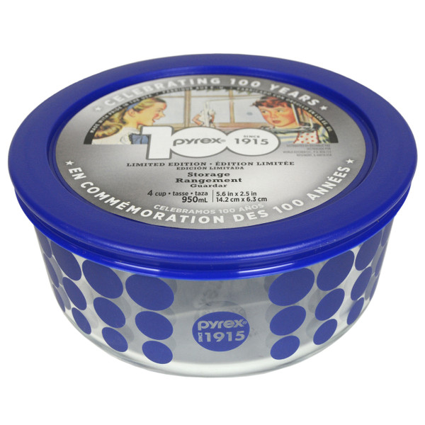 Pyrex 4 Cup 100th Anniversary Blue Dot Storage Dish and Lid - 2 Pack