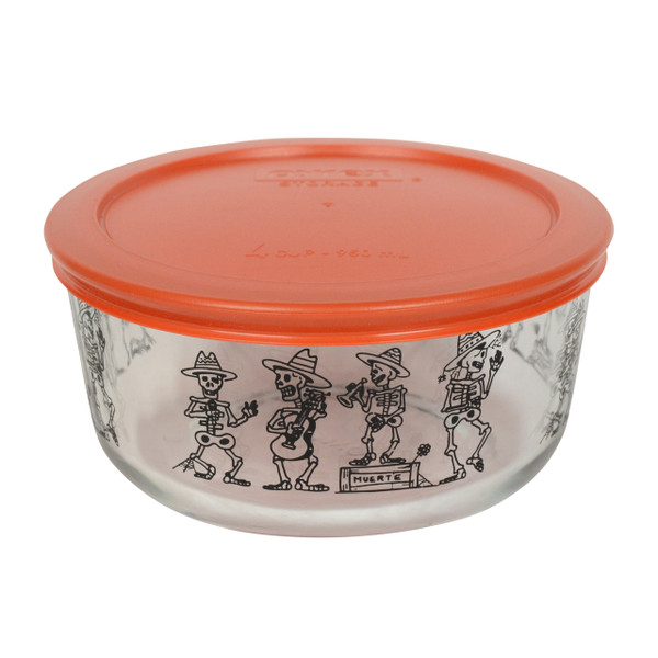 Pyrex Mariachi Skeletons 4 Cup Glass Bowl with 7201-PC Pumpkin Orange Lid Pyrex Mariachi Skeletons 4 Cup Glass Bowl with 7201-PC Pumpkin Orange Lid