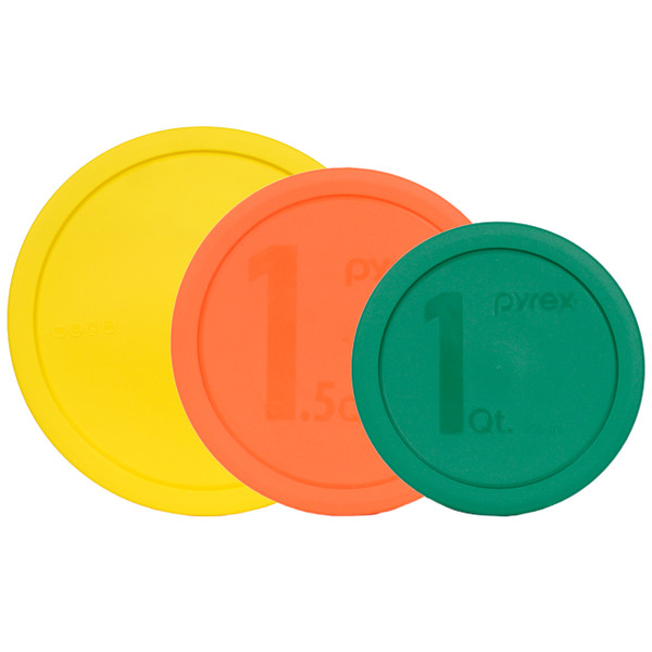 Pyrex (1)325-PC 2.5-quart Yellow, (1)323-PC 1.5-quart Orange, and (1)322-PC 1-quart Green Round Replacement Lid