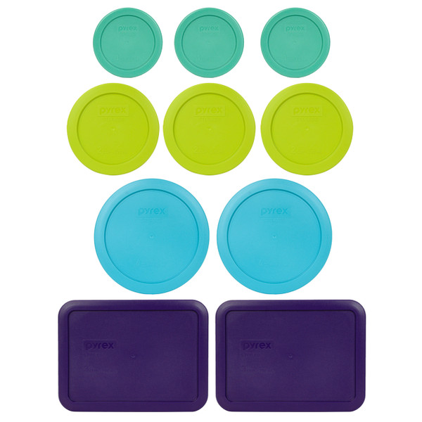 Pyrex Simply Store 7202-PC Light Green, 7200-PC Edamame Green, 7201-PC Blue, and 7210-PC Purple 10pc Plastic Lid Set