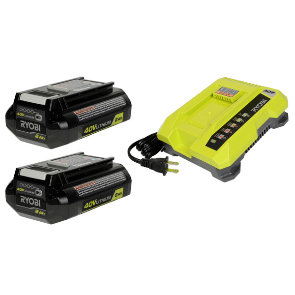 Ryobi OP401 40V Battery Charger and (2) OP40201 Li-Ion Batteries