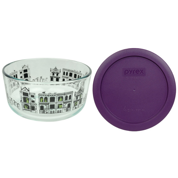 Pyrex 7201 4-Cup Fright Night Glass Bowl w/ 7201-PC Purple Round Plastic Lid Cover