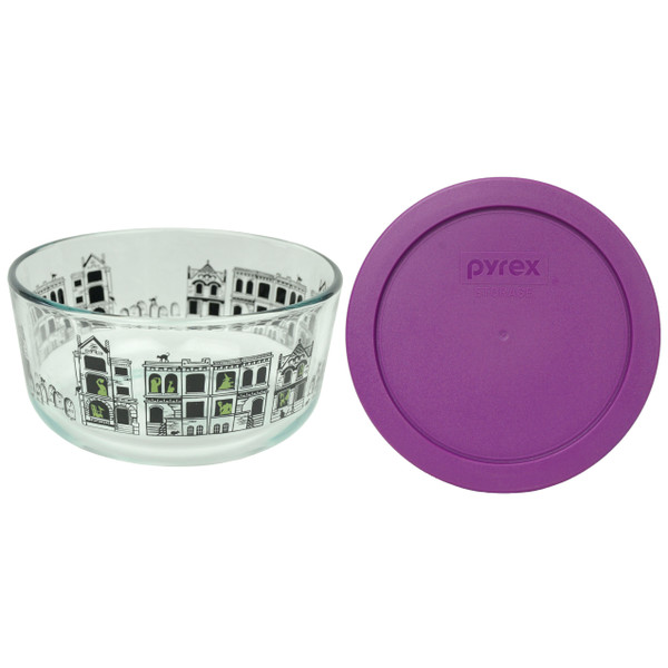 Pyrex 7201 4-Cup Fright Night Glass Bowl w/ 7201-PC Thistle Purple Round Plastic Lid Cover