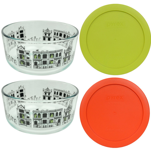 Pyrex 7201 4-Cup Fright Night Glass Bowls w/ 7201-PC Edamame Green and Pumpkin Orange Lid Covers