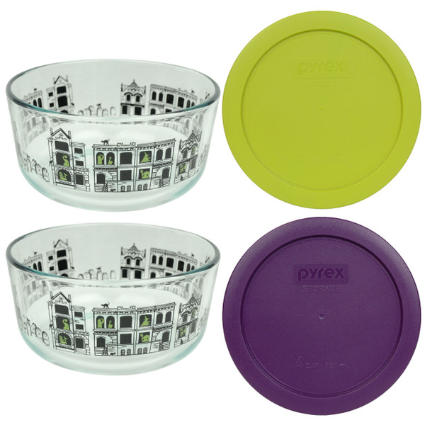 Pyrex 7201 4-Cup Fright Night Glass Bowls w/ 7201-PC Edamame Green and Purple Lid Covers