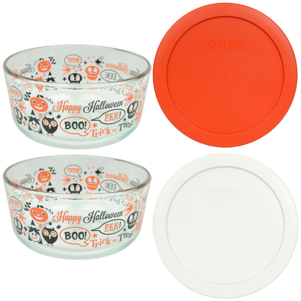 Pyrex 7201 4-Cup Spooky Fun Glass Bowls w/ 7201-PC Pumpkin Orange and White Round Plastic Lid Cover