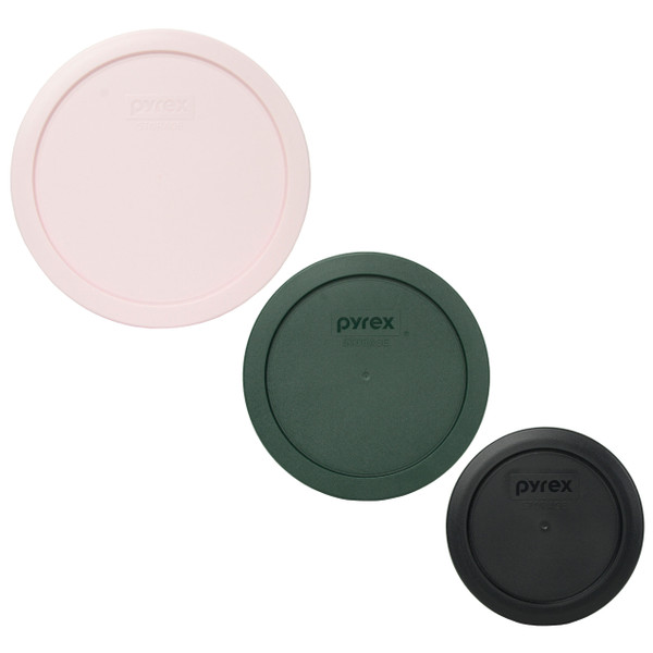 Pyrex 7402-PC Loring Pink, 7201-PC Thyme Green, and 7200-PC Black Food Storage Replacement Lid Covers