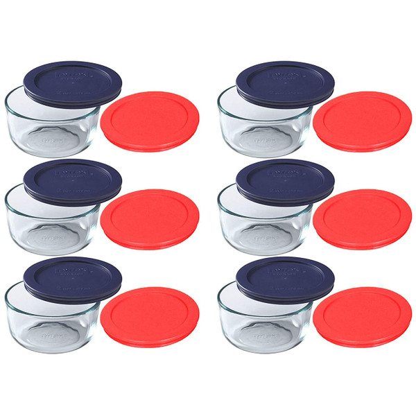 Pyrex (6) 7200 2 Cup Glass Dish w/ (6) 7200-PC Blue & (6) 7200-PC Red Replacement Lid Covers