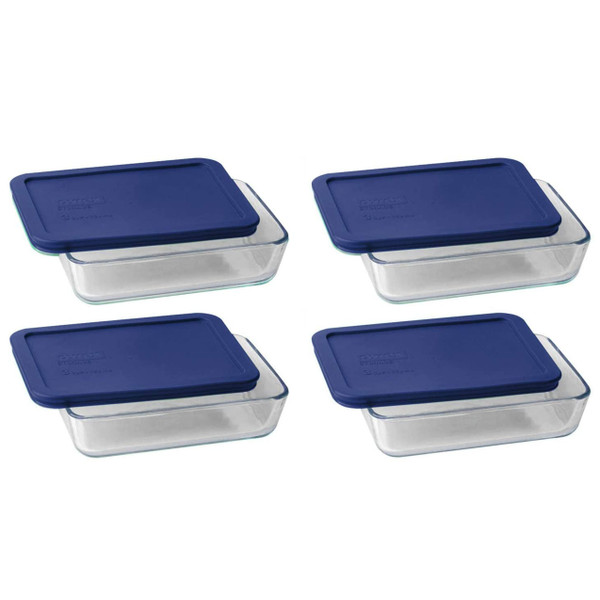 Pyrex 7210 3-Cup Rectangle Glass Food Storage Dishes w/ 7210-PC 3-Cup Dark Blue Lid Covers (4-Pack)