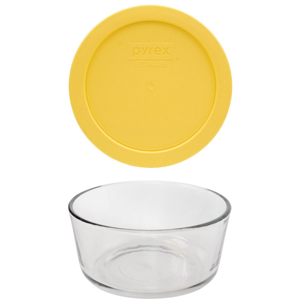Pyrex 7201 4-Cup Round Glass Food Storage Bowl with 7201-PC Yolk Yellow Plastic Lid Cover