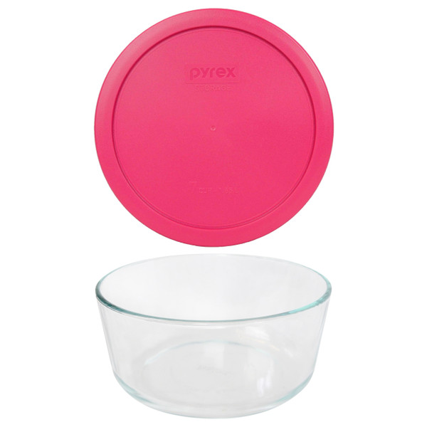 Pyrex 7203 7-Cup Round Glass Food Storage Bowl w/ 7402-PC Fuchsia Pink Plastic Lid Cover