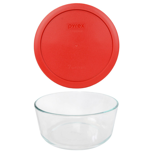 Pyrex 7203 7-Cup Round Glass Food Storage Bowl w/ 7402-PC Poppy Red Plastic Lid Cover