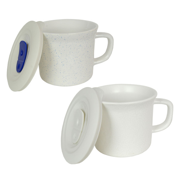 Corningware 20 oz Blue Speckled & Hammered White Meal Mugs with Lids