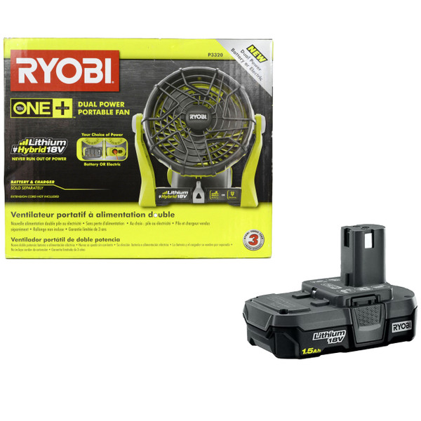 Ryobi P3320 18V Lithium-Ion Portable Fan and (1) Ryobi P189 18V 1.5 Ah Li-Ion Battery Pack