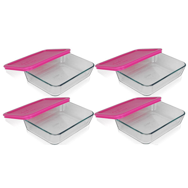 Pyrex 7210 3-Cup Rectangle Glass Food Storage Dishes w/ 7210-PC 3-Cup Pink Lid Covers (4-Pack)
