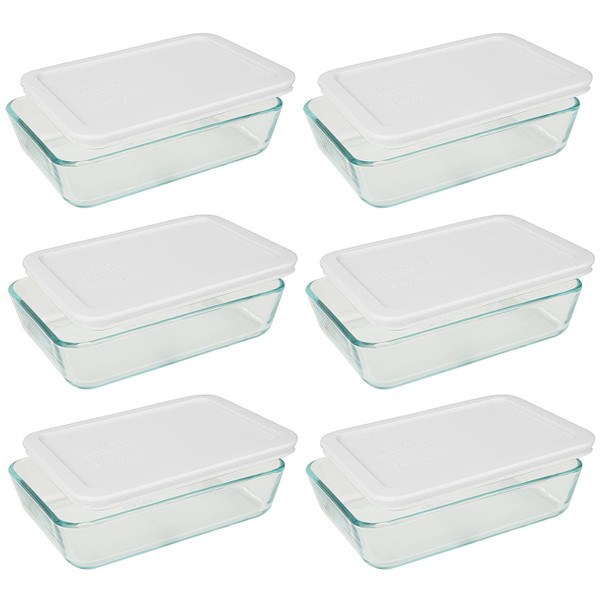 Pyrex 7210 3-Cup Rectangle Glass Food Storage Dish and 7210-PC White Plastic Lid Cover (6-Pack)