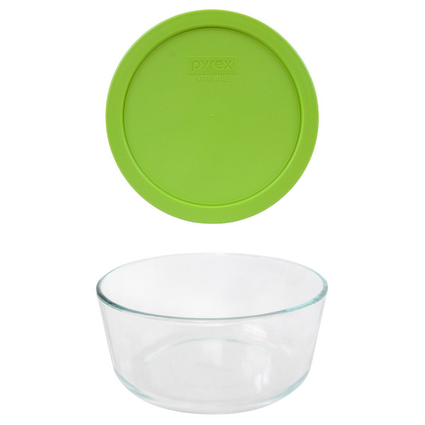 Pyrex 7203 7-Cup Round Glass Food Storage Bowl w/ 7402-PC Edamame Green Plastic Lid Cover