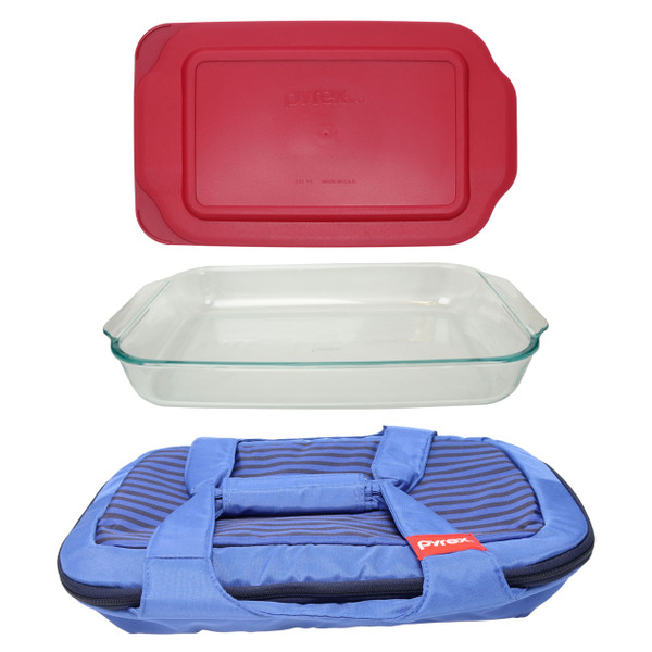 Pyrex Portables Royal Blue Carry Tote w/ Pyrex 233 3qt Glass Baking Dish & Pyrex 233-PC 3qt Sangria Red Lid