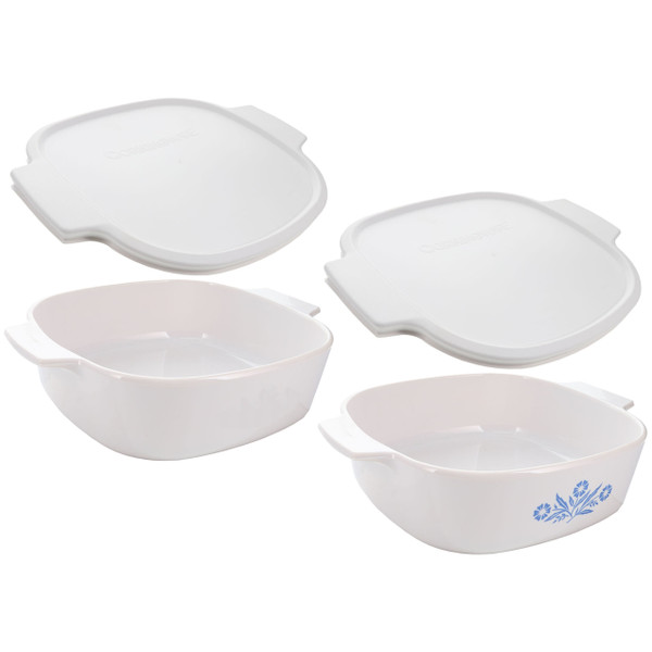 Corningware A-2-B-JW 2L Just White Pyroceram Dish, A-2-B Cornflower Blue Dish, & (2) A-2-PC White Food Storage Lids