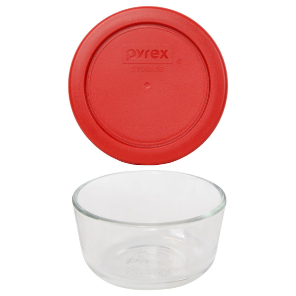 Pyrex 7202 1-Cup Glass Food Storage Bowls w/ Pyrex 7202-PC Poppy Red Lid Cover