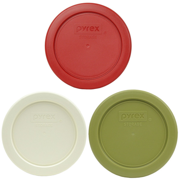 Pyrex 7202-PC (1) Poppy Red, (1) Sour Cream, and (1) Olive Green Plastic Storage Replacement Lid