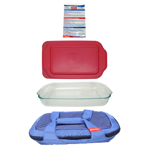 Pyrex Portables Blue Carry Tote w/ (1) Large Hot/Cold Pack, (1) 233 3qt Glass Baking Dish and (1) 233 3qt Sangria Red Lid