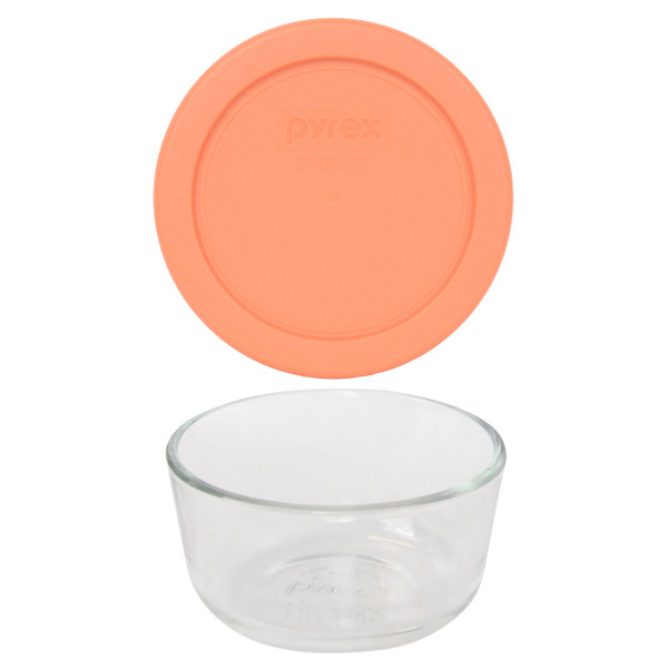 Pyrex 7202 1 Cup Glass Dish & 7202-PC 1 Cup Bahama Sunset Orange Lid Cover