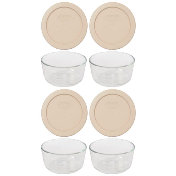 Pyrex 7202 1-Cup Glass Storage Bowl with 7202-PC Blush Colored Plastic Lid Cover (4-Pack)