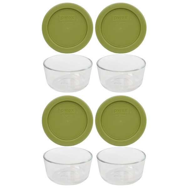 Pyrex 7202 1 Cup Glass Bowls & 7202-PC Olive Green Lids (4-Pack)