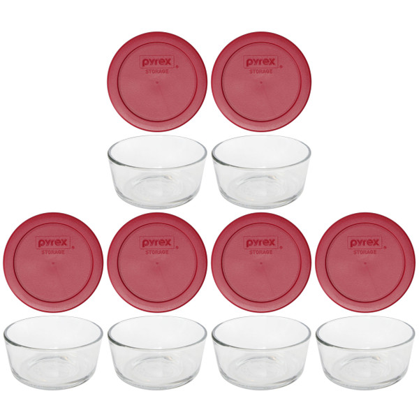 Pyrex Simply Store 7200 2-Cup Glass Storage Bowl and 7200-PC 2-Cup Sangria Red Lid Cover (6-Pack)