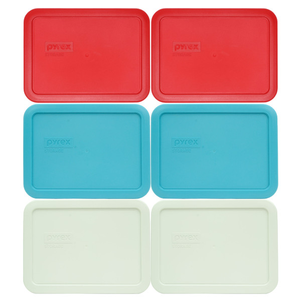 Pyrex 7210-PC (2) Poppy Red, (2) Surf Blue, and (2) White Food Storage Replacement Lid Covers