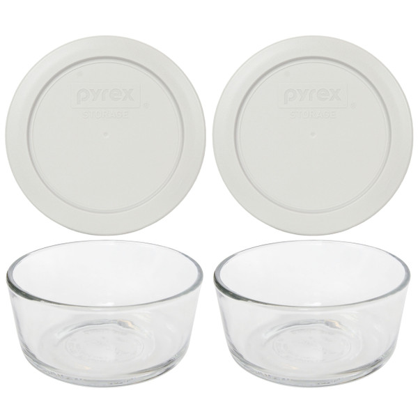 Pyrex (2) 7200 2 Cup Glass Bowls & (2) 7200-PC Sleek Silver Plastic Lids