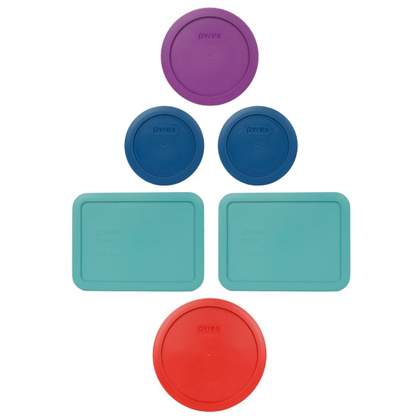 Pyrex (2) 7200-PC Blue Spruce, (1) 7201-PC Thistle Purple, (2) 7210-PC Turquoise, & (1) 7402-PC Poppy Red Food Storage Replacement Lids
