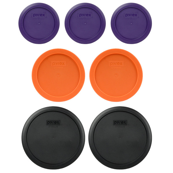 Pyrex (3) 7200-PC Plum Purple, (2) 7201-PC Orange, & (2) 7402-PC Black Plastic Food Storage Replacement Lids