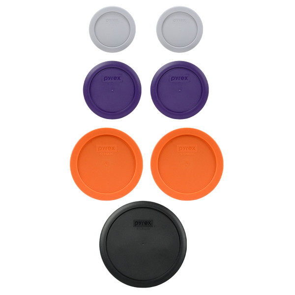 Pyrex (2) 7202-PC Jet Grey, (2) 7200-PC Plum Purple, (2) 7201-PC Orange, & (1) 7402-PC Black Plastic Food Storage Replacement Lids