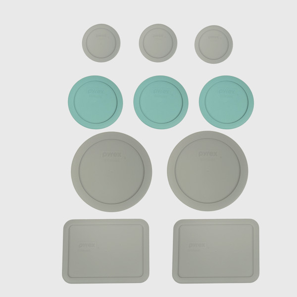 Pyrex (2) 7202-PC Jet Grey, (3) 7200-PC Turquoise, (2) 7201-PC Jet Grey, & (2) 7210-PC Jet Grey Food Storage Replacement Lids