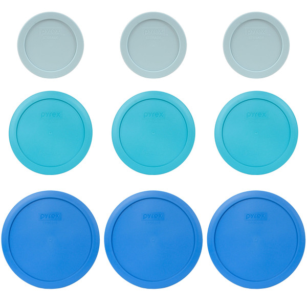 Pyrex (3) 7200-PC Muddy Aqua, (3) 7201-PC Surf Blue, & (3) 7402-PC Marine Blue Plastic Plastic Food Storage Replacement Lids