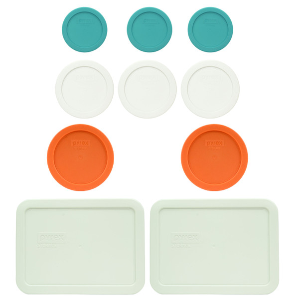 Pyrex (3) 7202-PC Turquoise, (3) 7200-PC White, (2) 7201-PC Orange, & (2) 7210-PC White Food Storage Replacement Lids