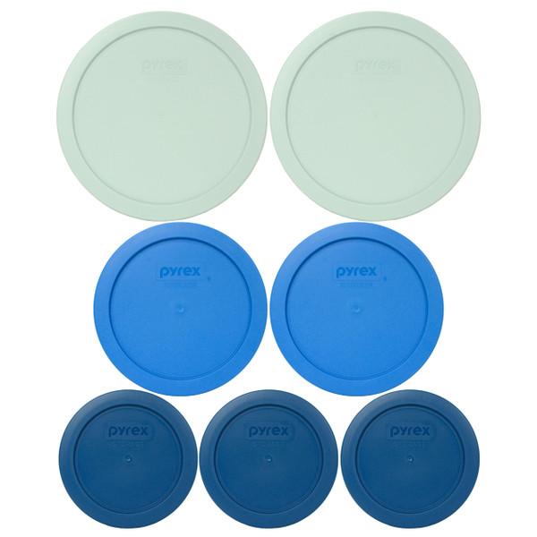 Pyrex (3) 7200-PC Blue Spruce, (2) 7201-PC Marine Blue, & (2) 7402-PC Muddy Aqua Plastic Round Food Storage Replacement Lids