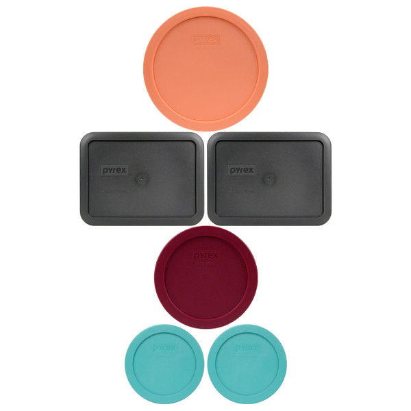 Pyrex (2) 7200-PC Turquoise, (1) 7201-PC Sangria Red, (2) 7210-PC Charcoal Grey, & (1) 7402-PC Bahama Sunset Orange Plastic Food Storage Replacement Lids