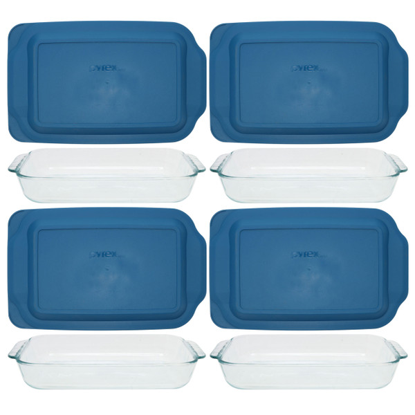 Pyrex (4) 232 2-Quart Rectangle Glass Baking Dishes & (4) 232-PC Blue Spruce Plastic Lids