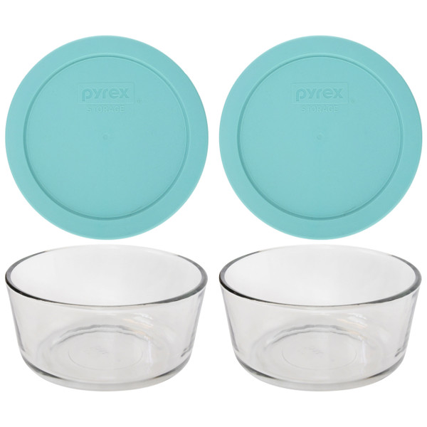 Pyrex (2) 7201 4 Cup Glass Bowls & (2) 7201-PC Jade Dust Green Lids