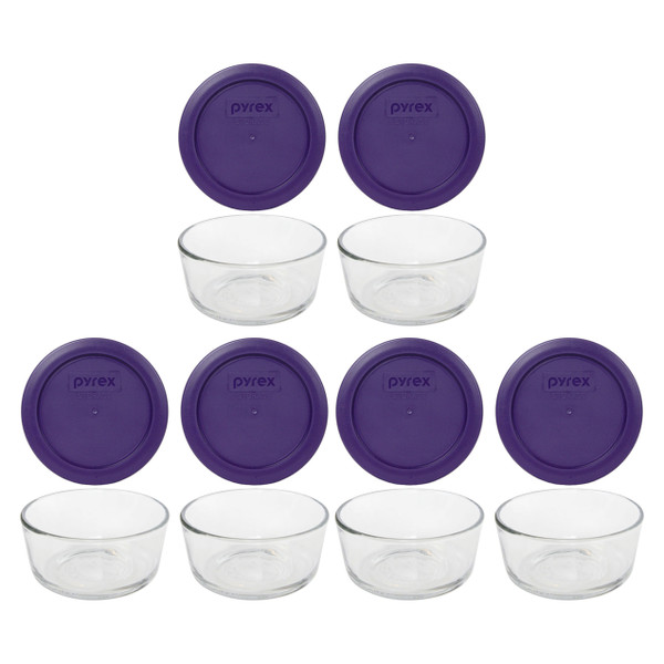 Pyrex Simply Store 7200 2-Cup Glass Storage Bowl w/ 7200-PC 2-Cup Plum Purple Lid Cover (6-Pack)