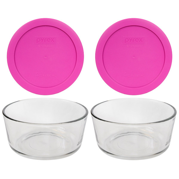 Pyrex (2) 7201 4-Cup Glass Bowls & (2) 7201-PC Berry Pink Lids